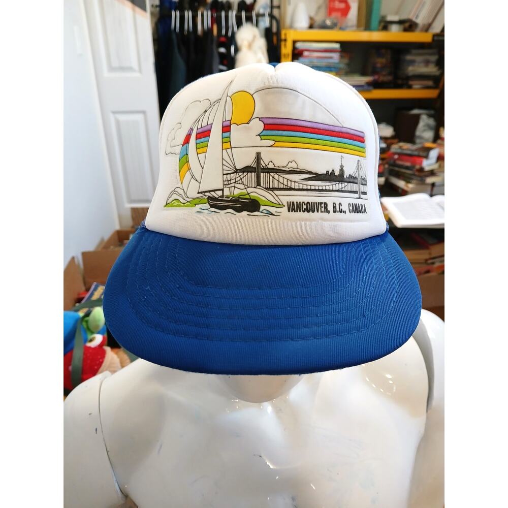 Vintage Vancouver BC Canada Rainbow Tourist Blue Snapback Trucker Hat